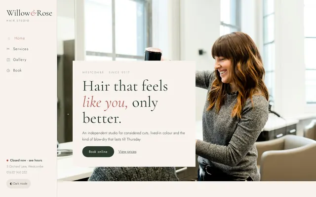 Willow & Rose Hair Studio sample design, screenshot 1