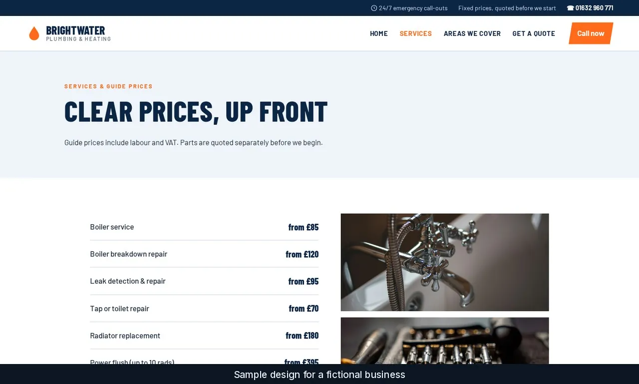 Brightwater services page with a table of starting prices