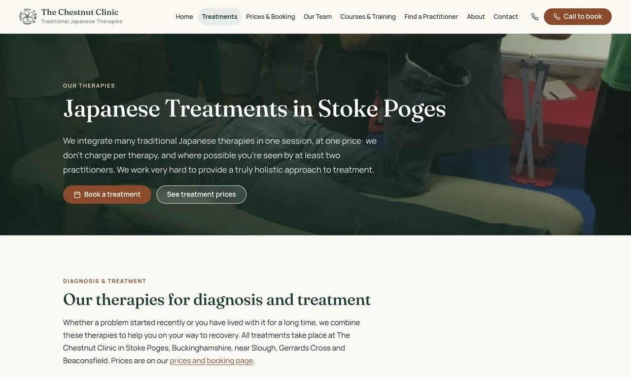 The Chestnut Clinic treatments page introducing Japanese treatments in Stoke Poges
