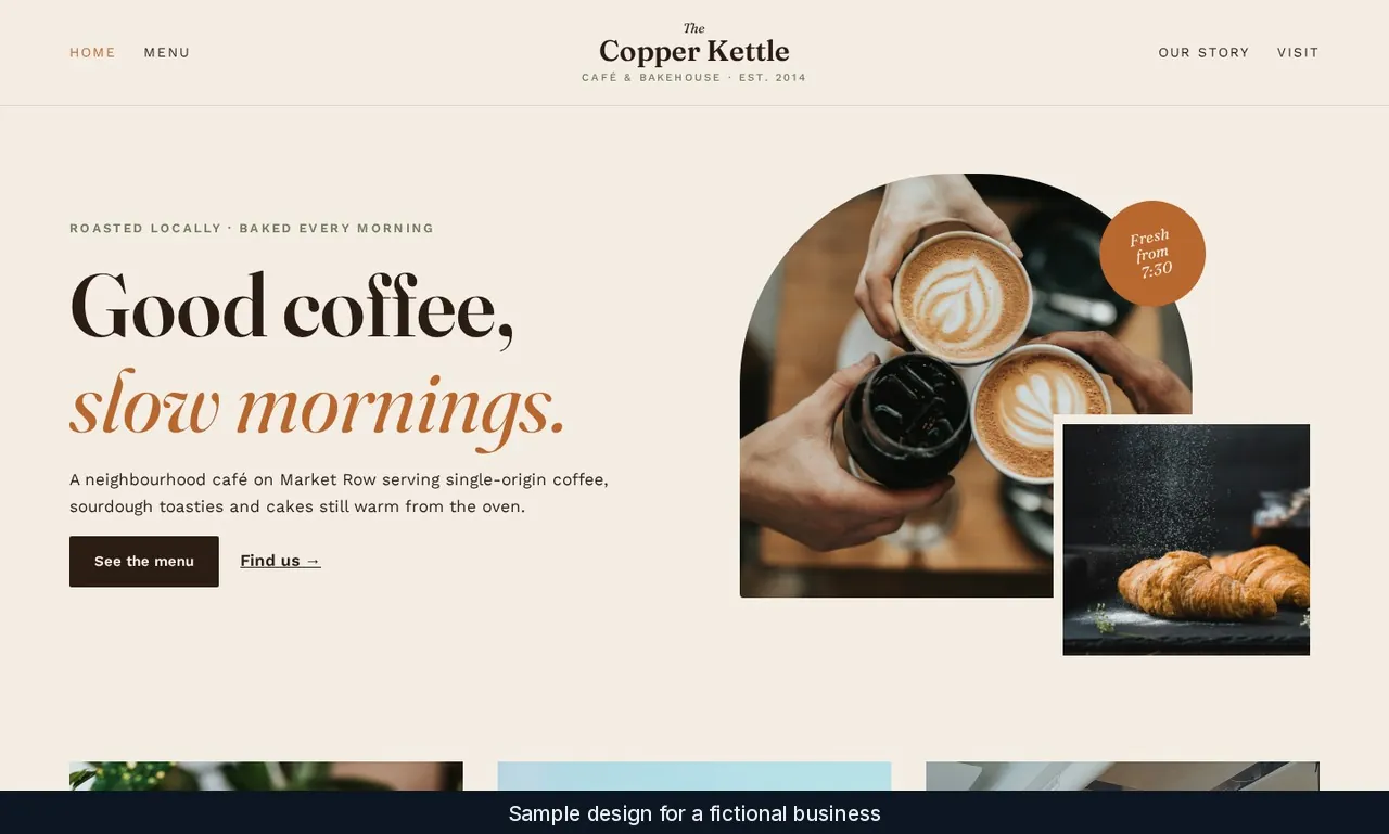 Copper Kettle Café sample home page with the headline Good coffee, slow mornings and coffee photos