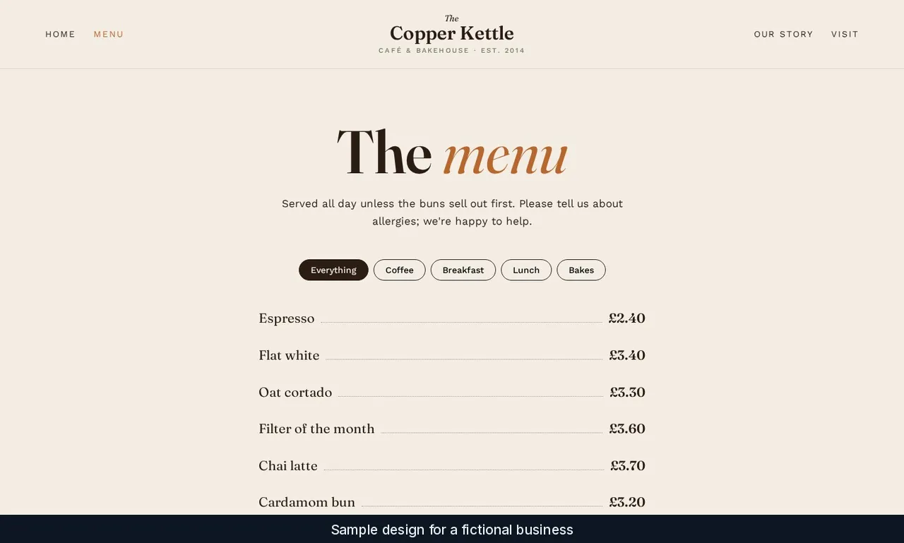 Copper Kettle Café menu page with category buttons and a price list