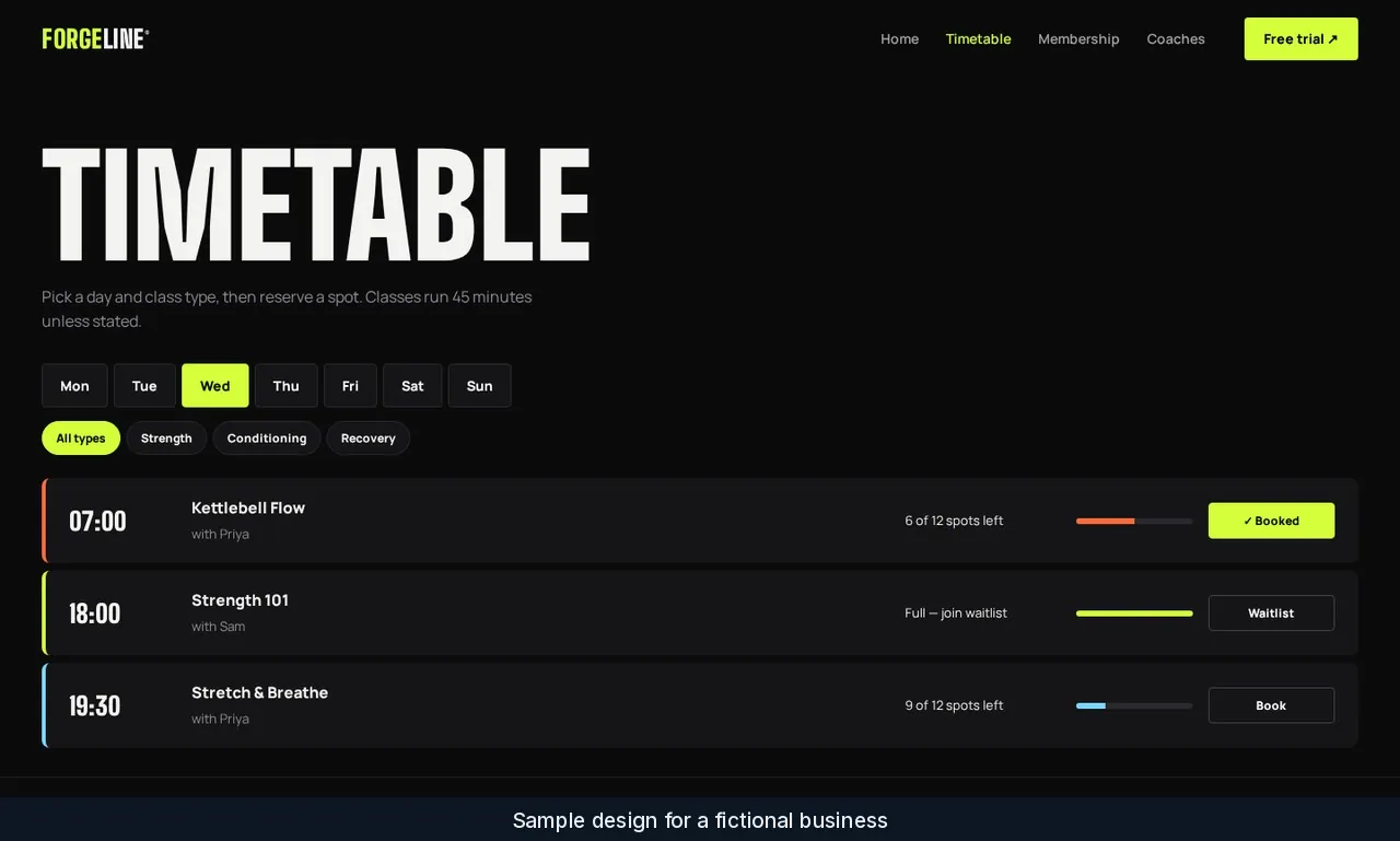 Forgeline timetable with day filters and spaces left for each class