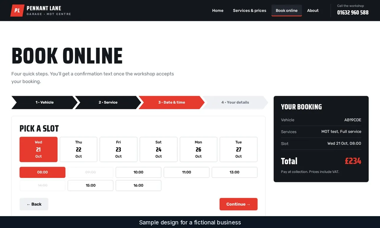 Pennant Lane booking page with progress steps, a slot picker and a booking summary