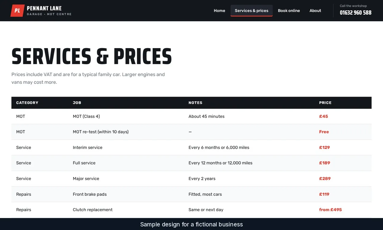 Pennant Lane services and prices table