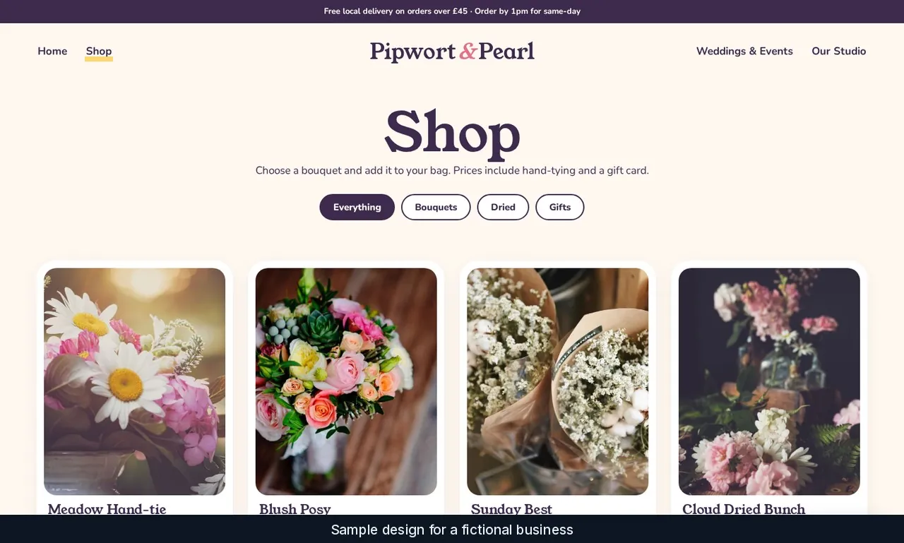 Pipwort & Pearl shop page with bouquet cards and category filters