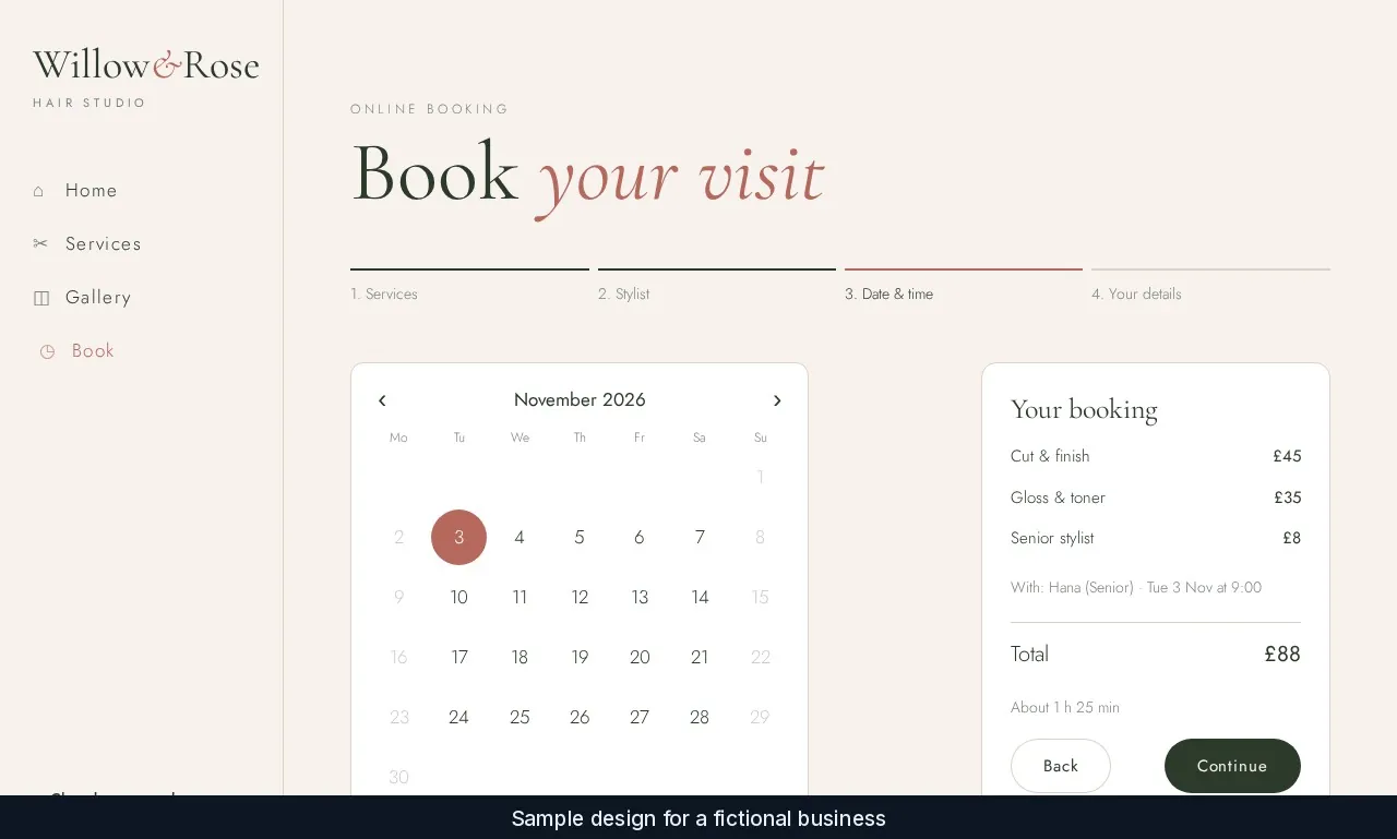 Willow & Rose booking page with a calendar, time slots and a booking summary